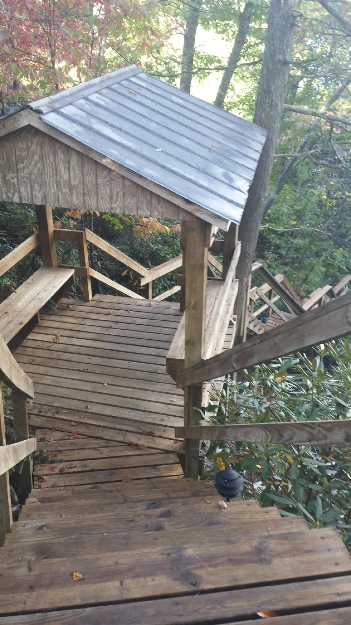 Metal roofed shelter over wooden steps on a wooded walkway — Skylight Repair & Installation work by our crew in Audubon